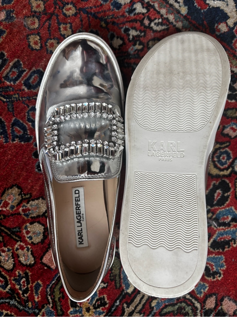 Karl Lagerfeld Silver Crystal-Embellished Slip-On Loafers 8 -39B.  made in Italy - Picture 8 of 8